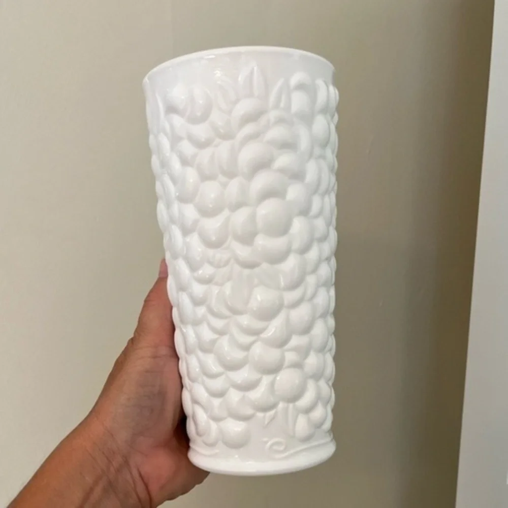 Vintage Textured Fruit Pattern Milk Glass Vase
